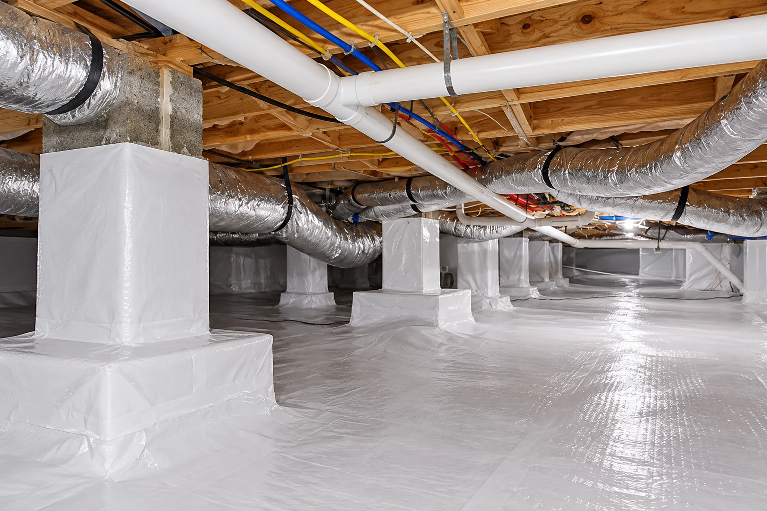 Crawl space with plastic-covered floor, wrapped support posts, and exposed ducts and pipes beneath wooden joists.