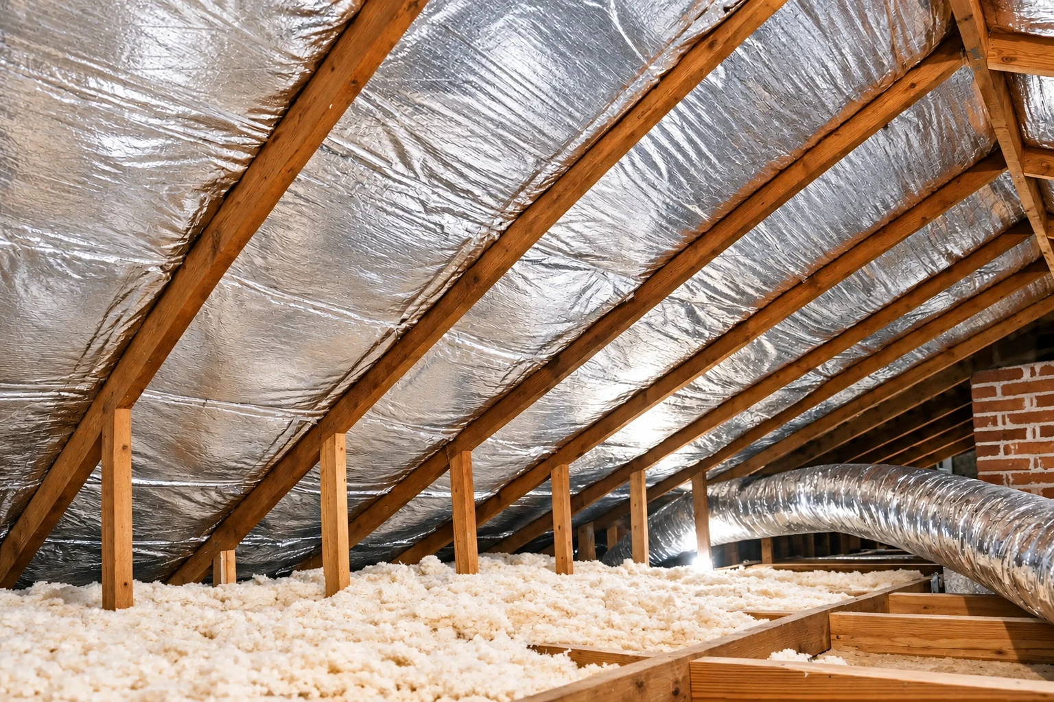 Attic air sealing with reflective foil between roof rafters above loose-fill insulation and a large duct.