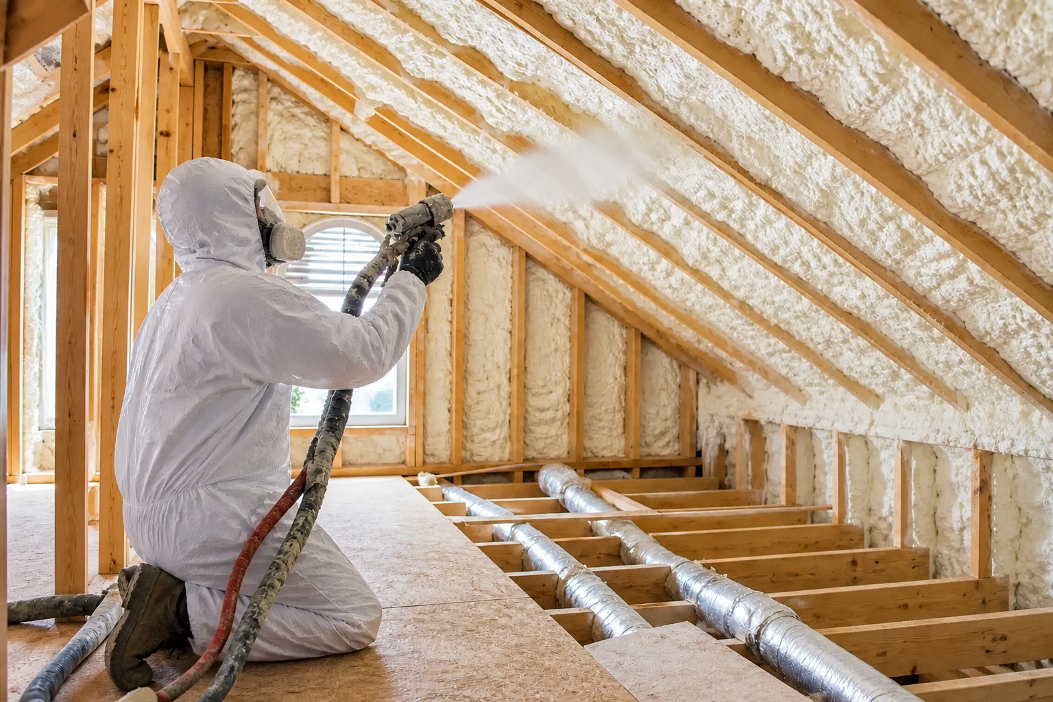 A worker in protective gear sprays foam insulation between exposed attic rafters.