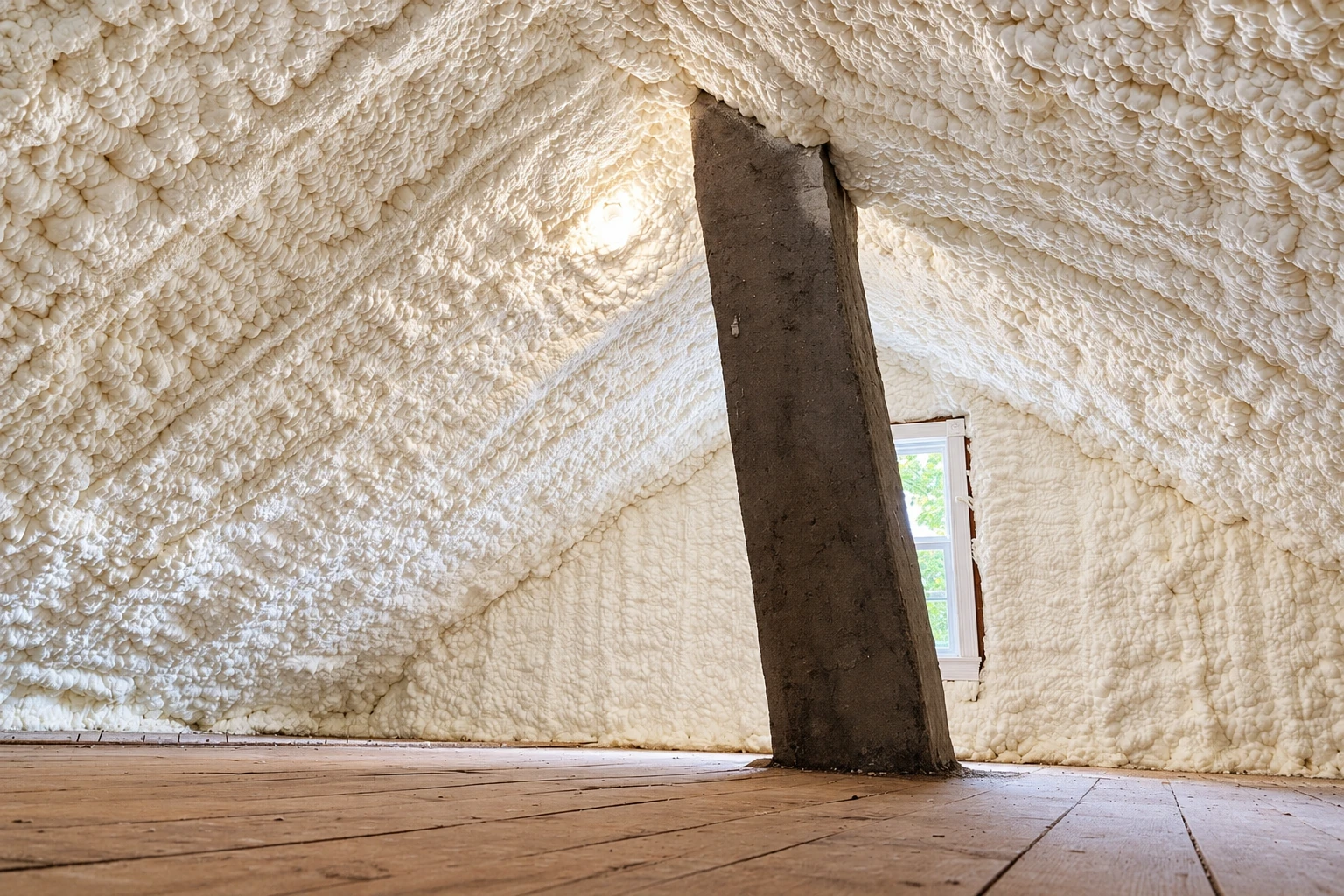 Thick white spray foam coats the sloped walls and ceiling of an attic around a dark support post and small window.