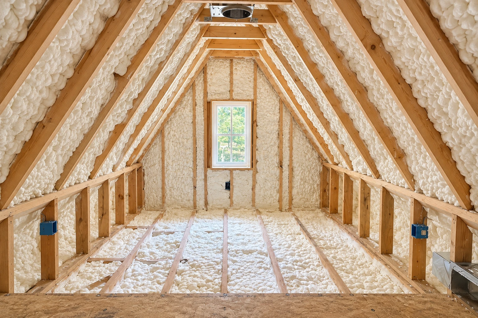Attic with white spray foam insulation filling the roof framing and floor joists around a small window.