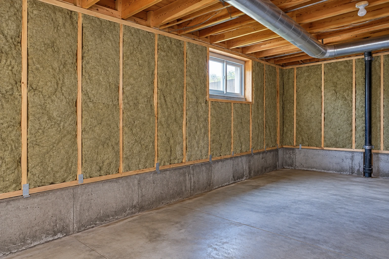 Basement with mineral wool insulation between wall studs, exposed concrete foundation, ductwork, and a small window.