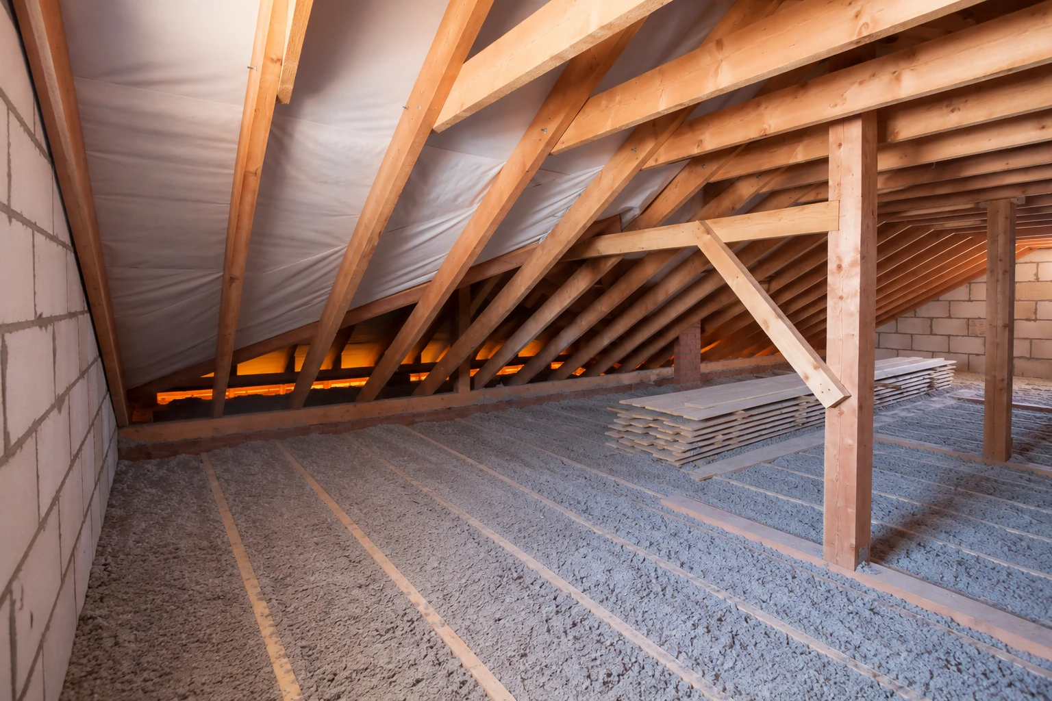 An attic floor is covered with gray blown-in insulation beneath exposed wooden rafters and roof sheathing.
