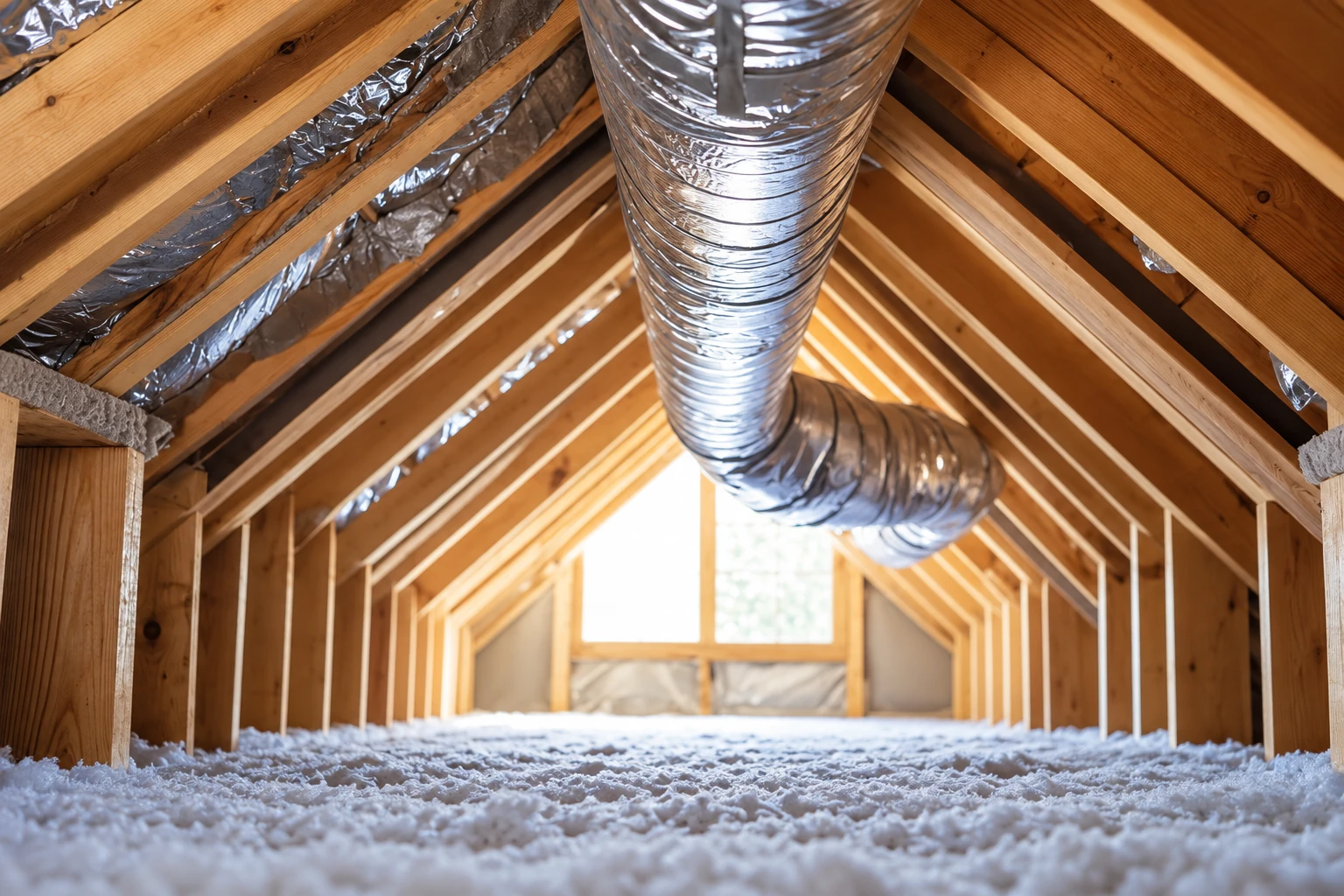 White blown-in insulation covers an attic floor beneath exposed wooden rafters and a large flexible silver duct.
