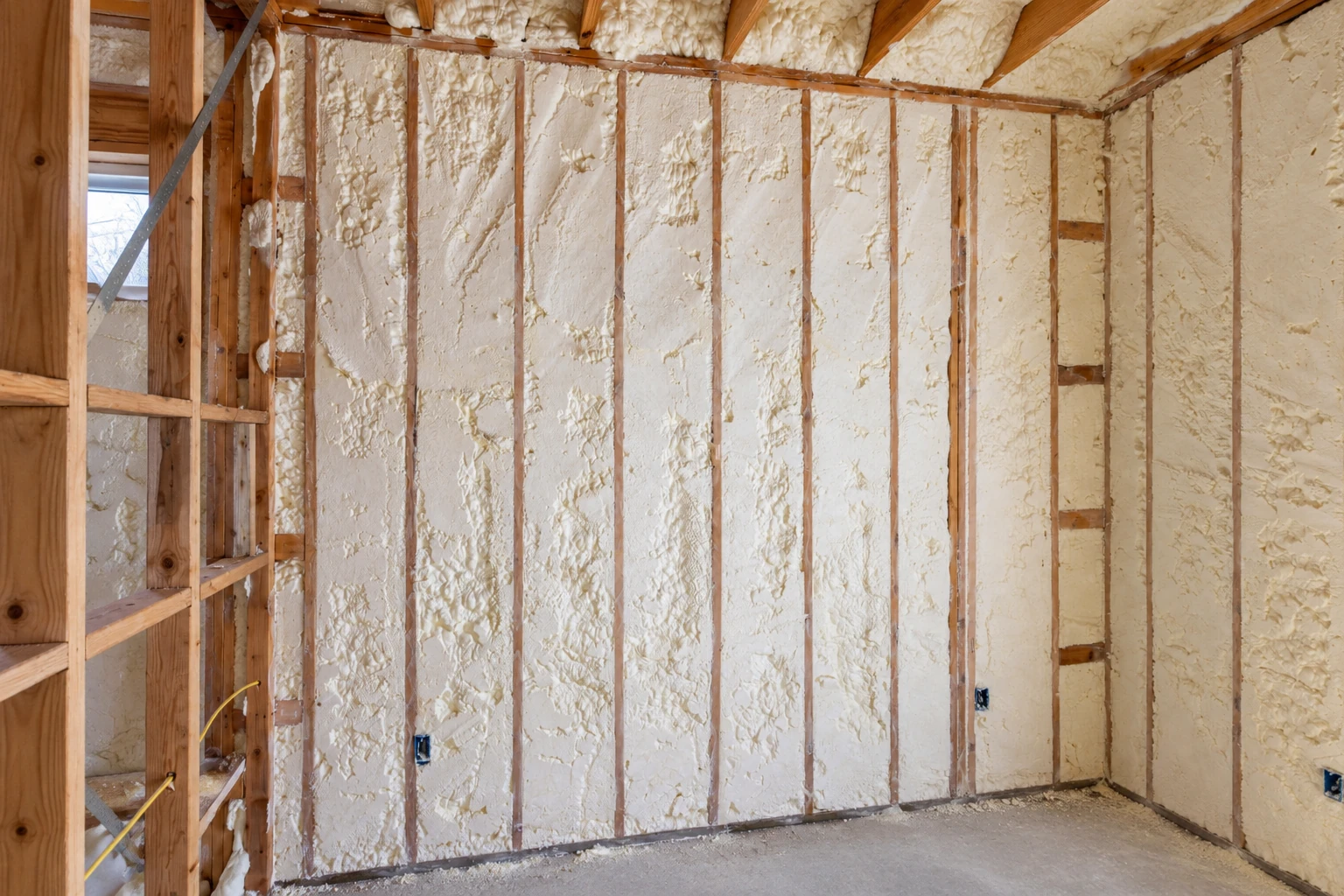 Unfinished room with rough white spray foam filling wall and ceiling cavities between exposed wooden studs.