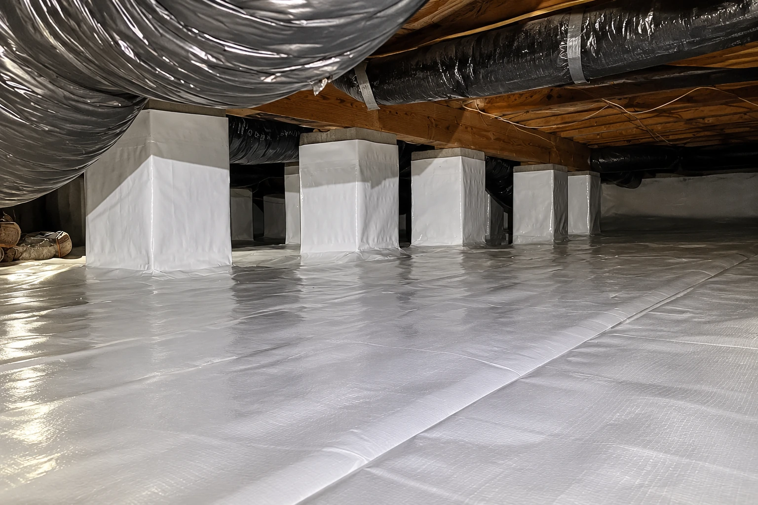 Crawl space with a silver vapor barrier covering the floor, plastic-wrapped support posts, and insulated ductwork overhead.