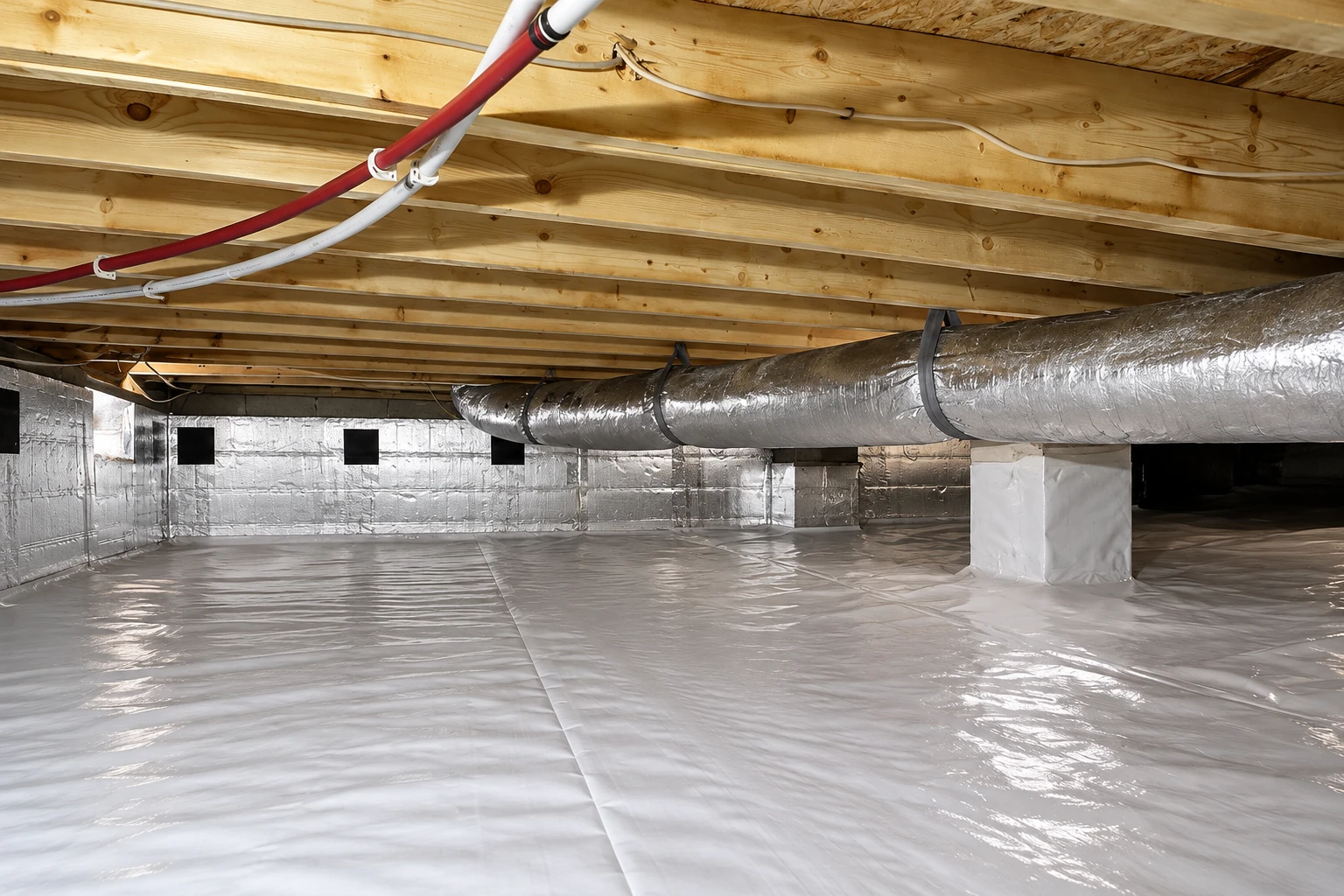 A crawl space has a plastic-covered floor, insulated walls, exposed floor joists, and a large silver duct.
