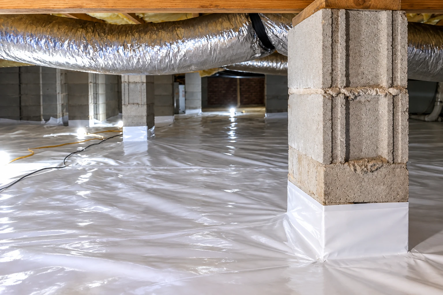 A crawl space has a shiny plastic vapor barrier covering the floor and wrapped around a concrete support pier.