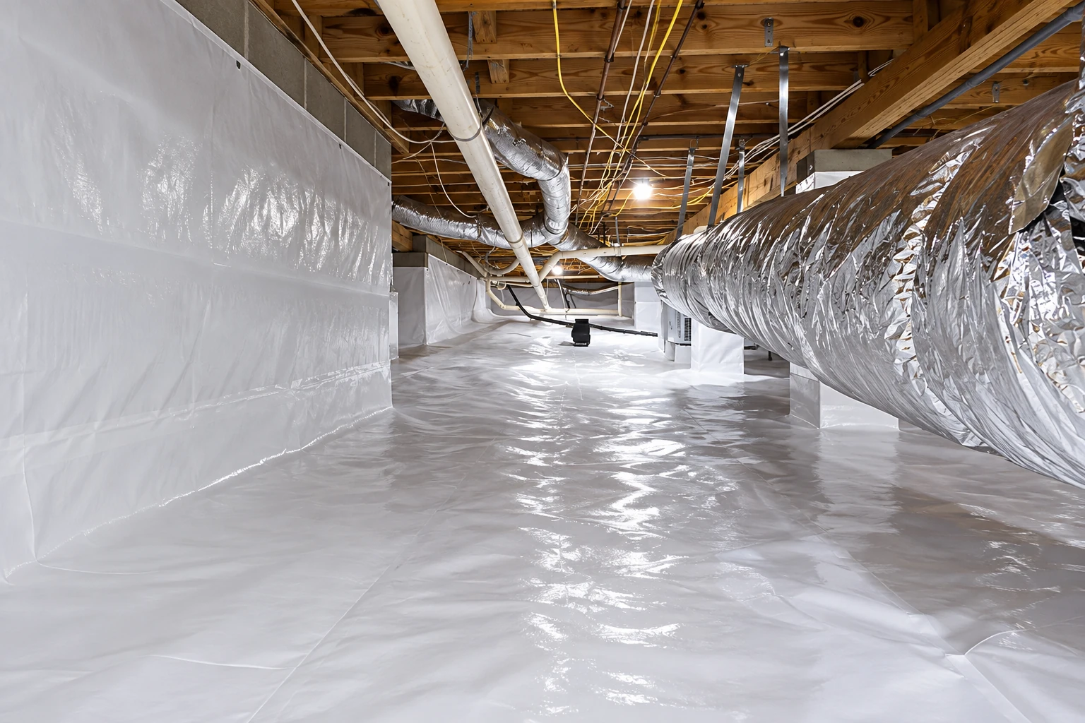 Crawl space with a glossy plastic vapor barrier covering the floor and walls beneath exposed joists and ductwork.