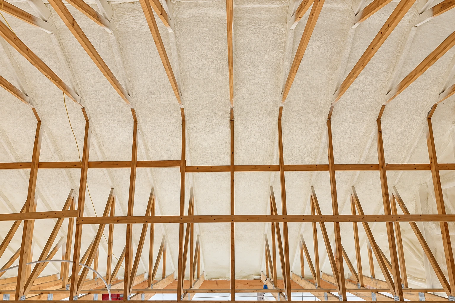 White spray foam insulation fills the roof cavities between the exposed wooden trusses.