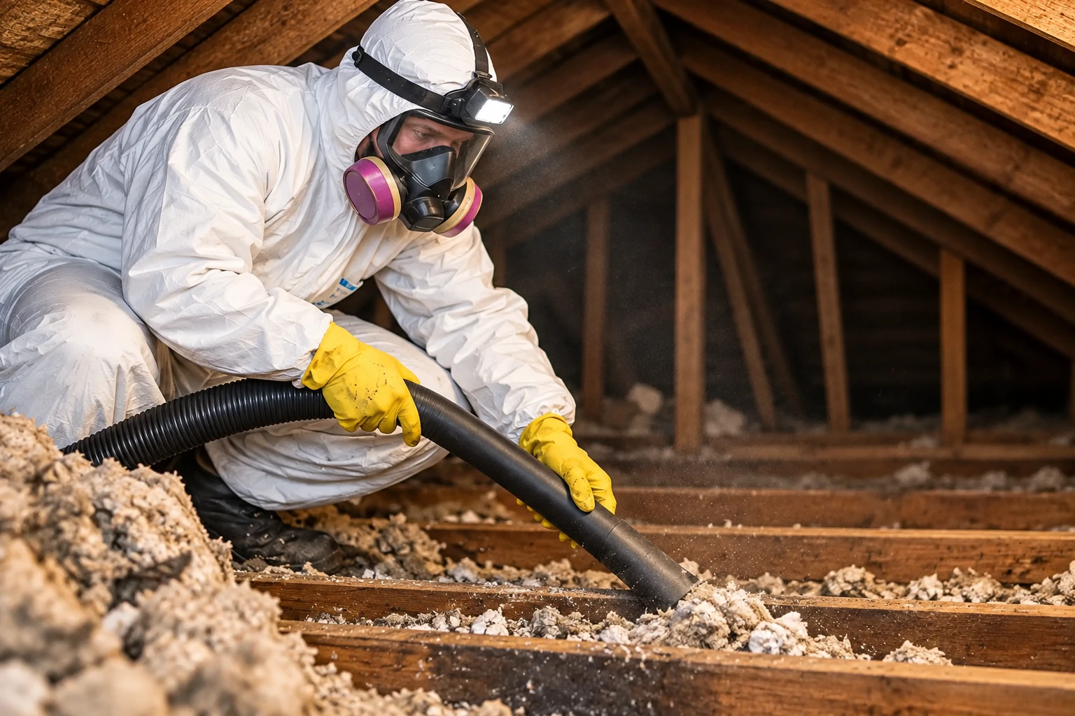 A worker in protective coveralls and a respirator vacuums loose attic insulation with a thick black hose.