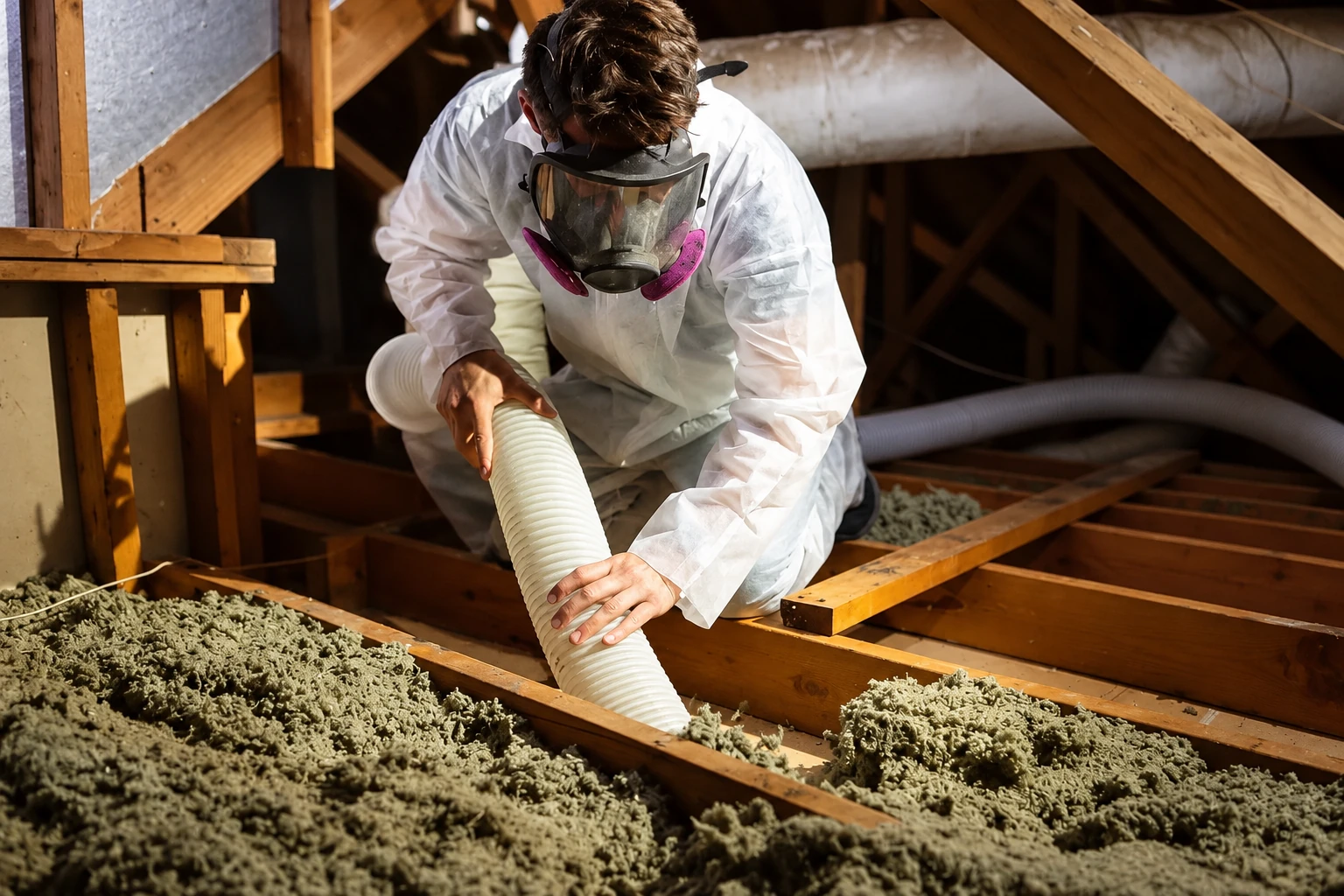 A worker in protective coveralls and a respirator uses a hose to remove loose attic insulation.