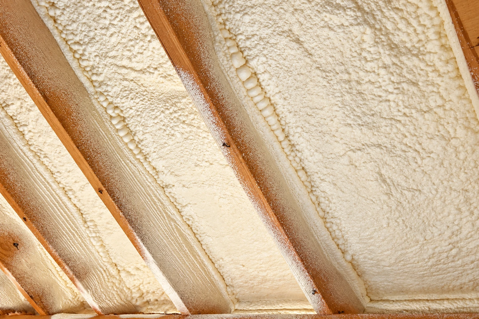 Open-cell foam insulation fills the spaces between exposed wooden roof rafters.