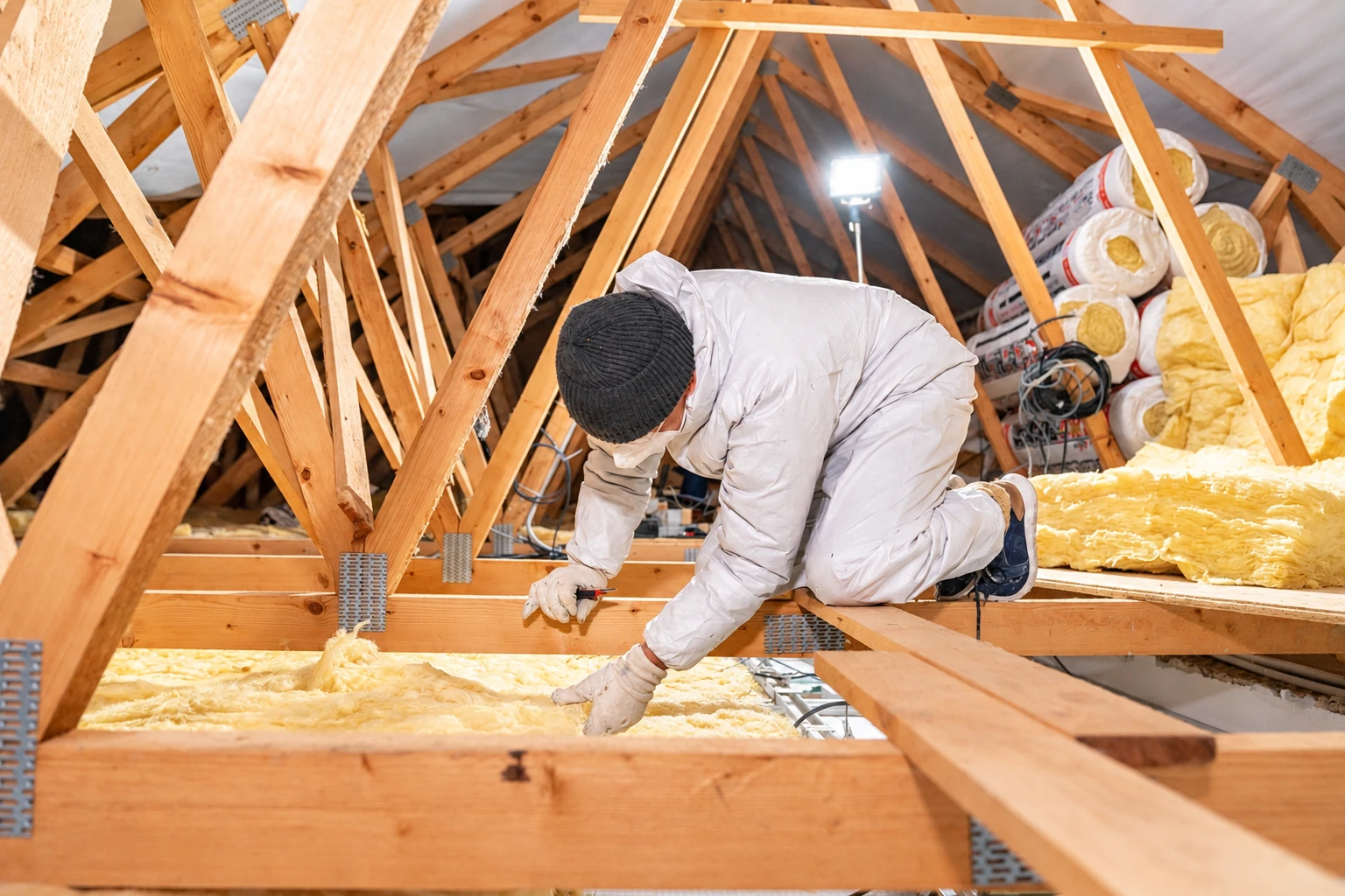 A worker in protective clothing lays yellow batt insulation between the exposed wooden rafters in an attic.