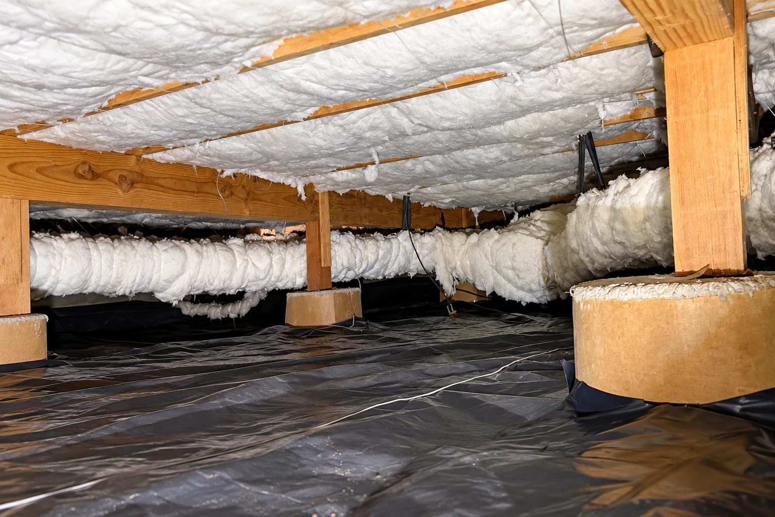 A crawl space shows white insulation covering the underside of the floor and foundation walls above a black vapor barrier.