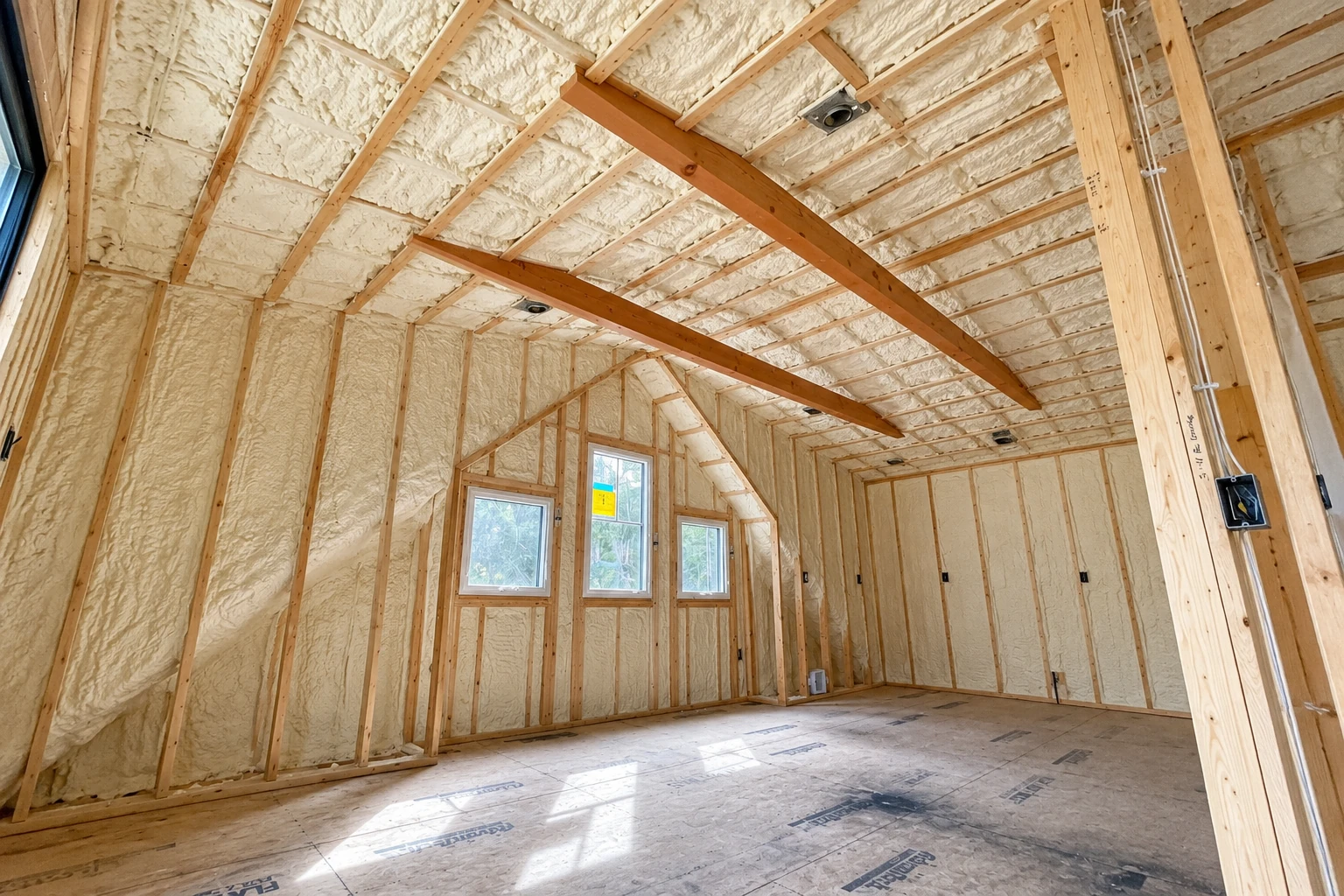 Spray foam insulation fills the walls and vaulted ceiling of an unfinished timber-framed room with windows and a bare floor.