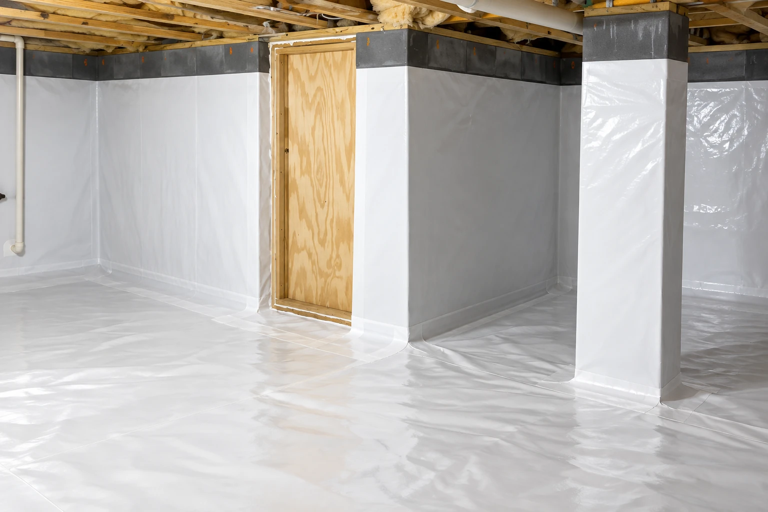 White plastic vapor barrier lines the floor and lower walls of a basement with exposed wooden joists and support columns.