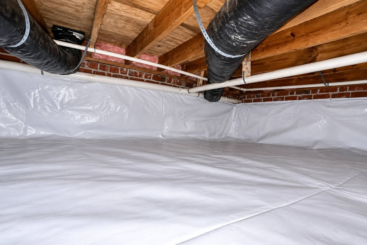 Crawl space with a white vapor barrier covering the floor and lower walls beneath exposed joists and ducts.
