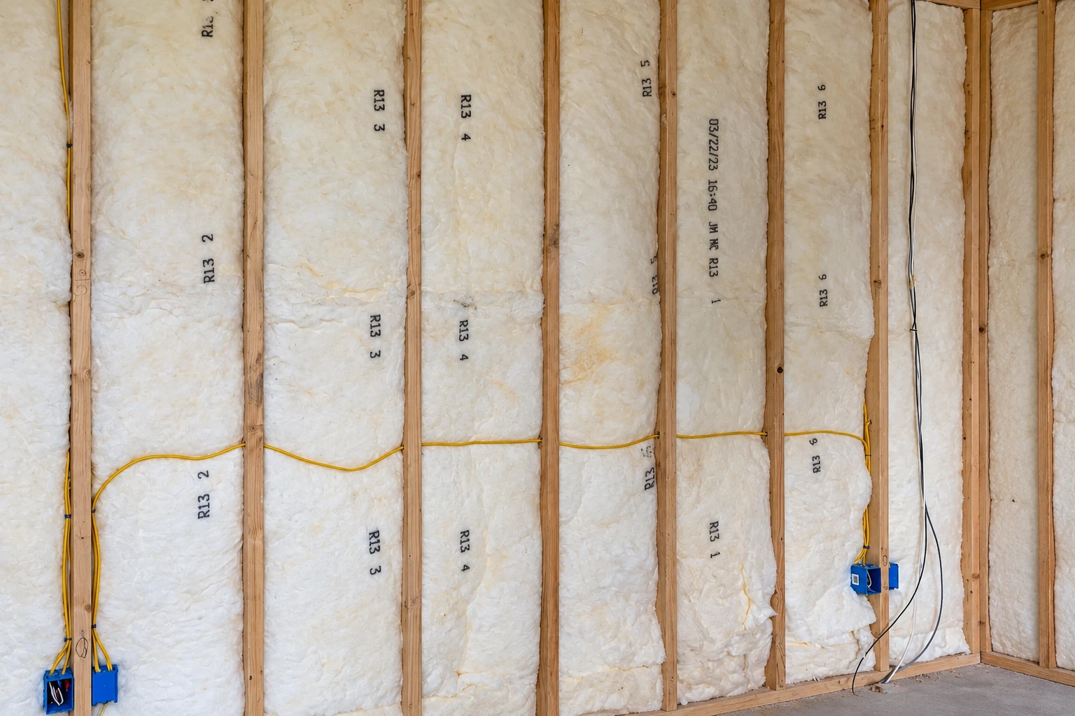 White batt insulation fills the spaces between exposed wooden wall studs, with electrical wiring and boxes visible.